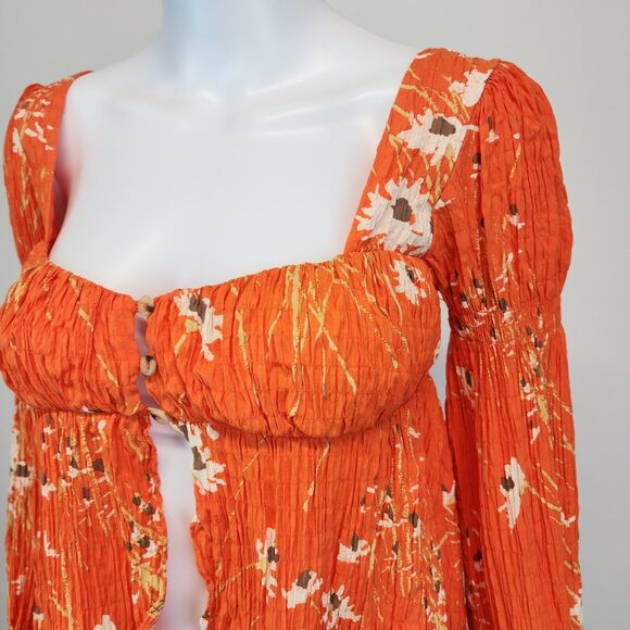 Urban Outfitters Floral Top Size XS Square Neck Orange Long Sleeve Smocked Y2K - Picture 5 of 16